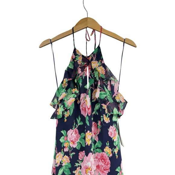 Lauren Ralph Lauren Navy Blue Floral 100% Silk Ruffle Halter Maxi Dress Women 10 - Picture 2 of 7